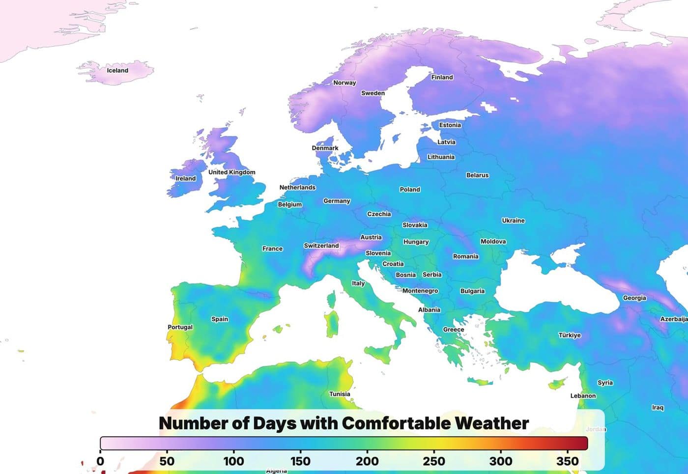 Climate map: Europe with comfortable days per year