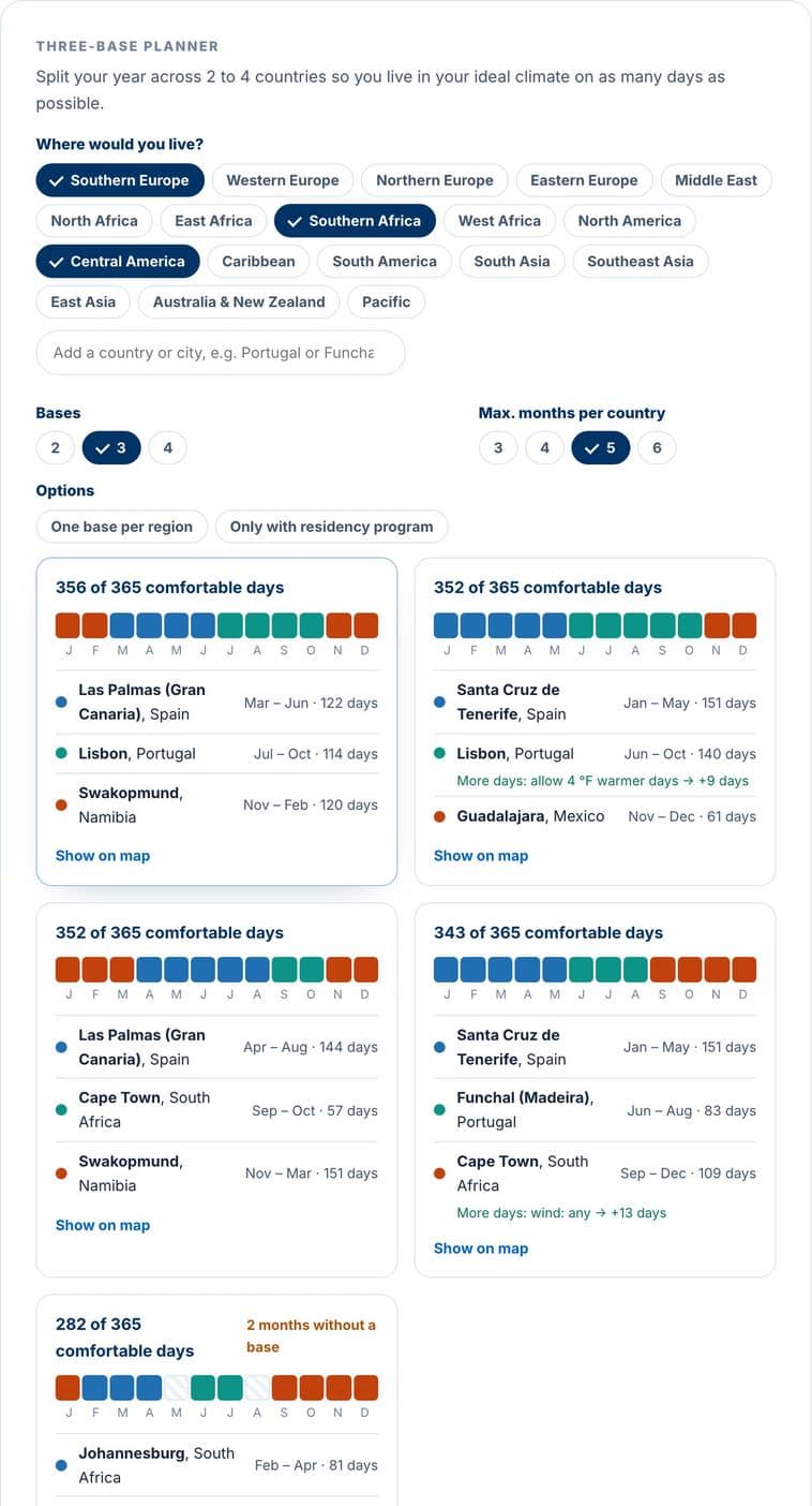 Three-base planner in the Club map: your year split across 3 places